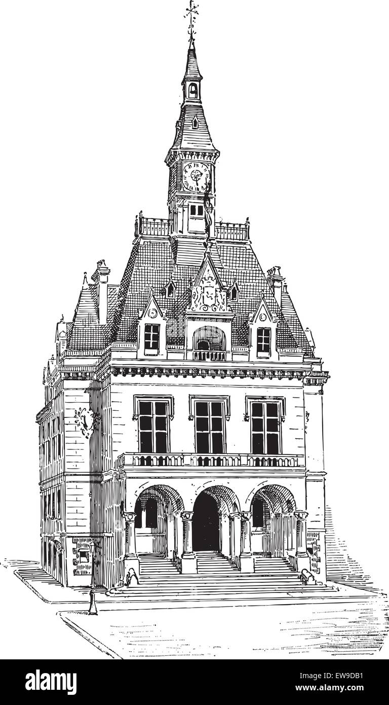 Mairie de La Ferté-sous-Jouarre en Seine-et-Marne, Ile-de-France, en France, au cours du xixe siècle, vintage engraved illustrat Illustration de Vecteur