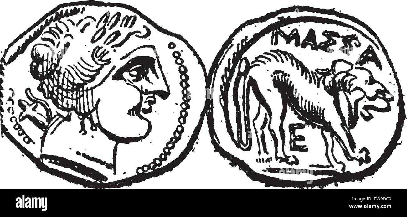 Drachme celtiques anciennes monnaie, montrant la tête (avant) et Lion (retour), vintage engraved illustration. Dictionnaire des mots et des choses Illustration de Vecteur