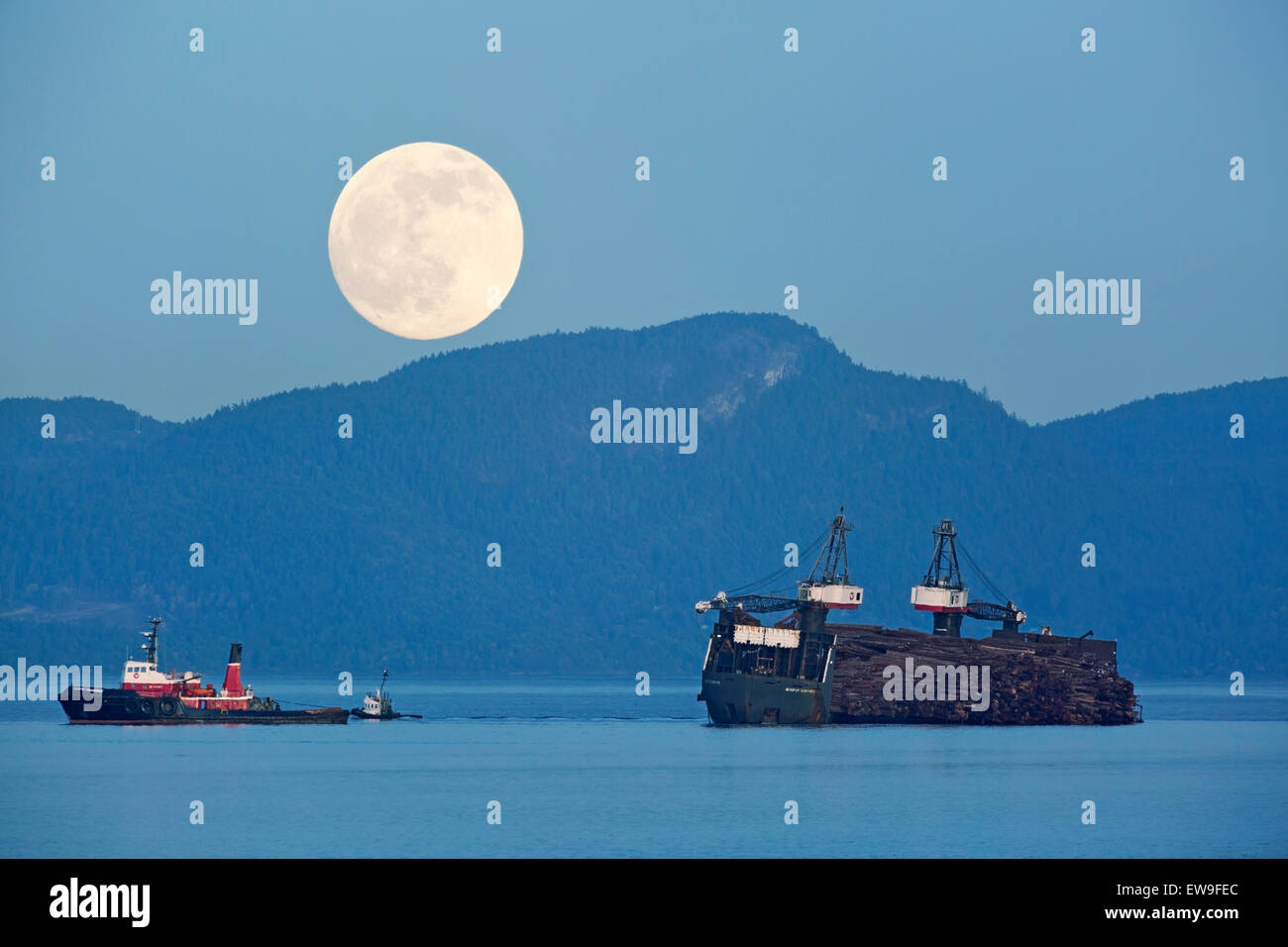 La pleine lune donne sur le "survivant" easpan, une auto loading/dumping log barge, avec son corollaire le remorqueur "easpan Commodor Banque D'Images