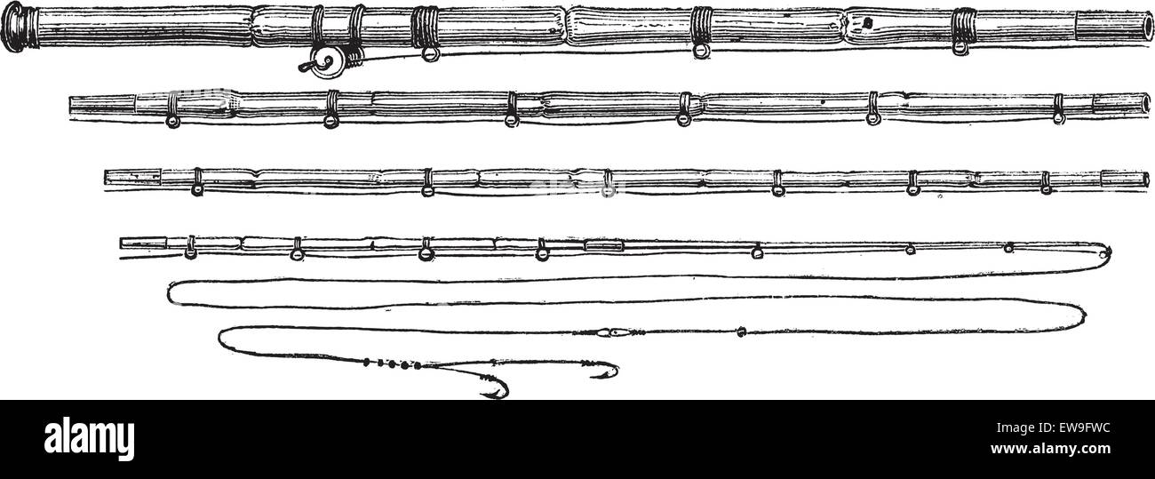 Quatre-pièces Bamboo Fisherman's Rod, vintage engraved illustration. Le Magasin pittoresque - Larive et Fleury - 1874 Illustration de Vecteur