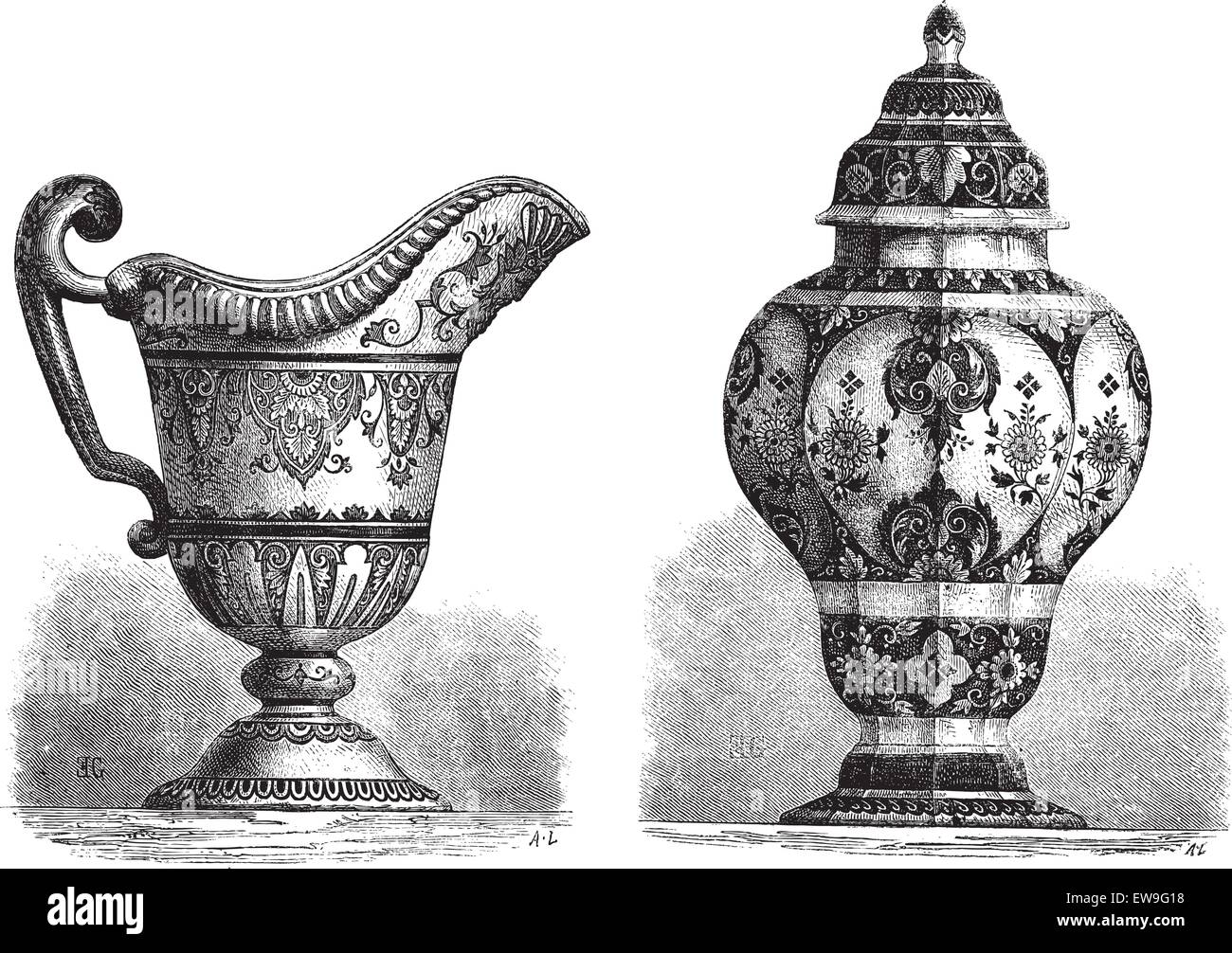 Diverses faïences, trouvé à Rouen, France, vintage engraved illustration. Le Magasin pittoresque - Larive et Fleury - 1874 Illustration de Vecteur
