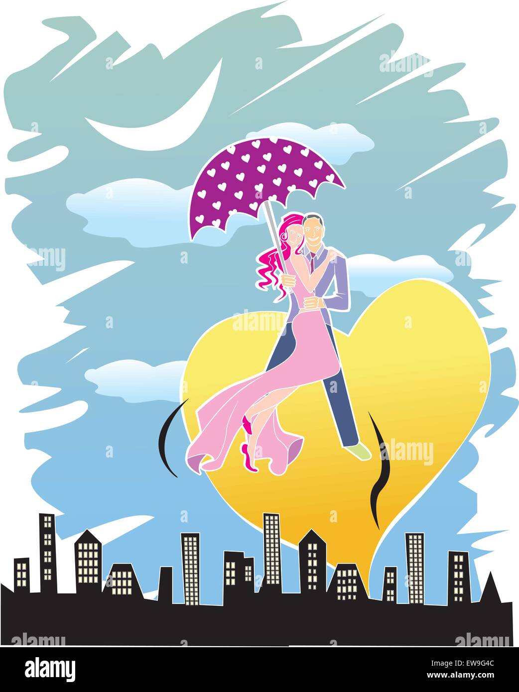 Couple romantique, nuit dans la ville, Cœur jaune, vector illustration Illustration de Vecteur