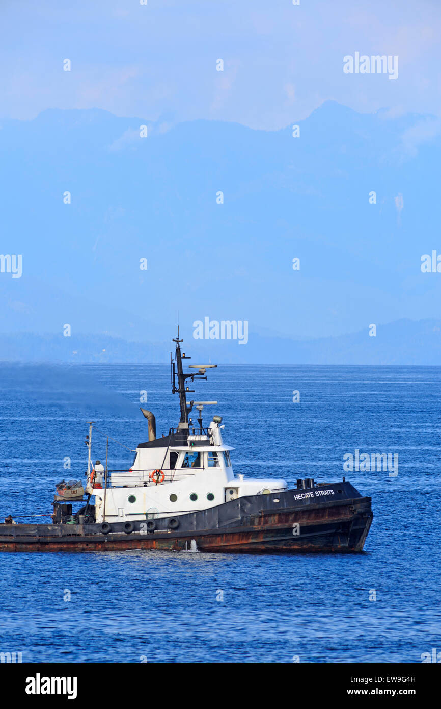 Journal de remorqueur tirant boom dans le détroit de Géorgie, juste au nord de Nanaimo (Colombie-Britannique) Banque D'Images