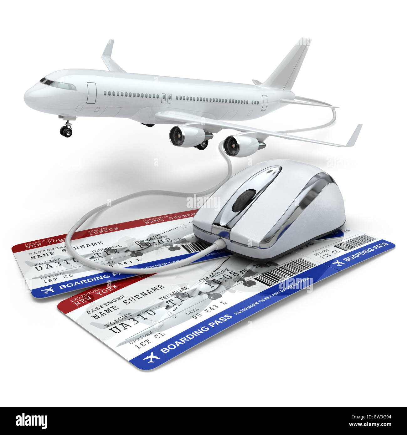 Réservation en ligne vol ou travel concept. Souris d'ordinateur, les tockets et avion. 3d Banque D'Images