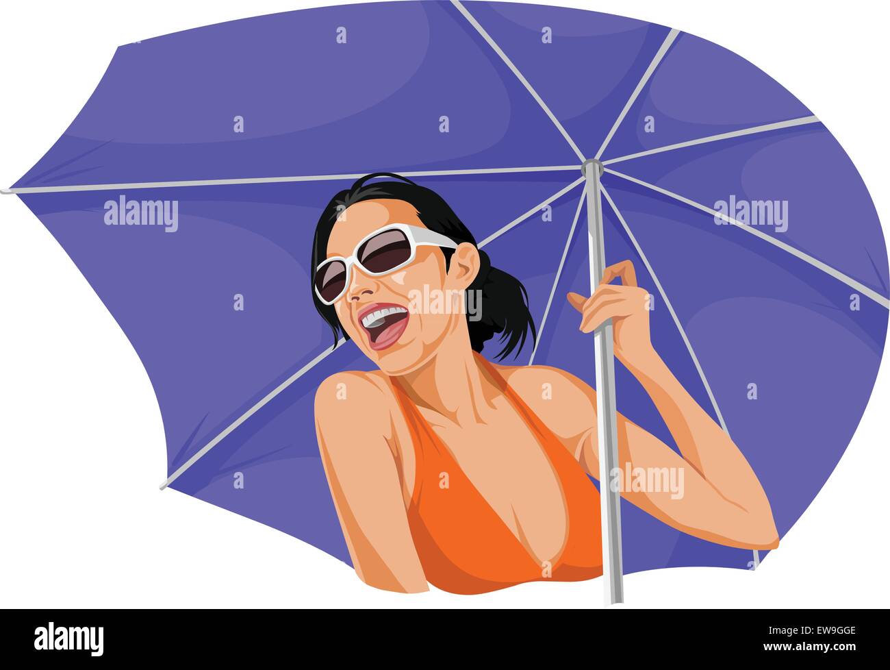 Vector illustration of happy woman in bikini, tenant un parapluie. Illustration de Vecteur