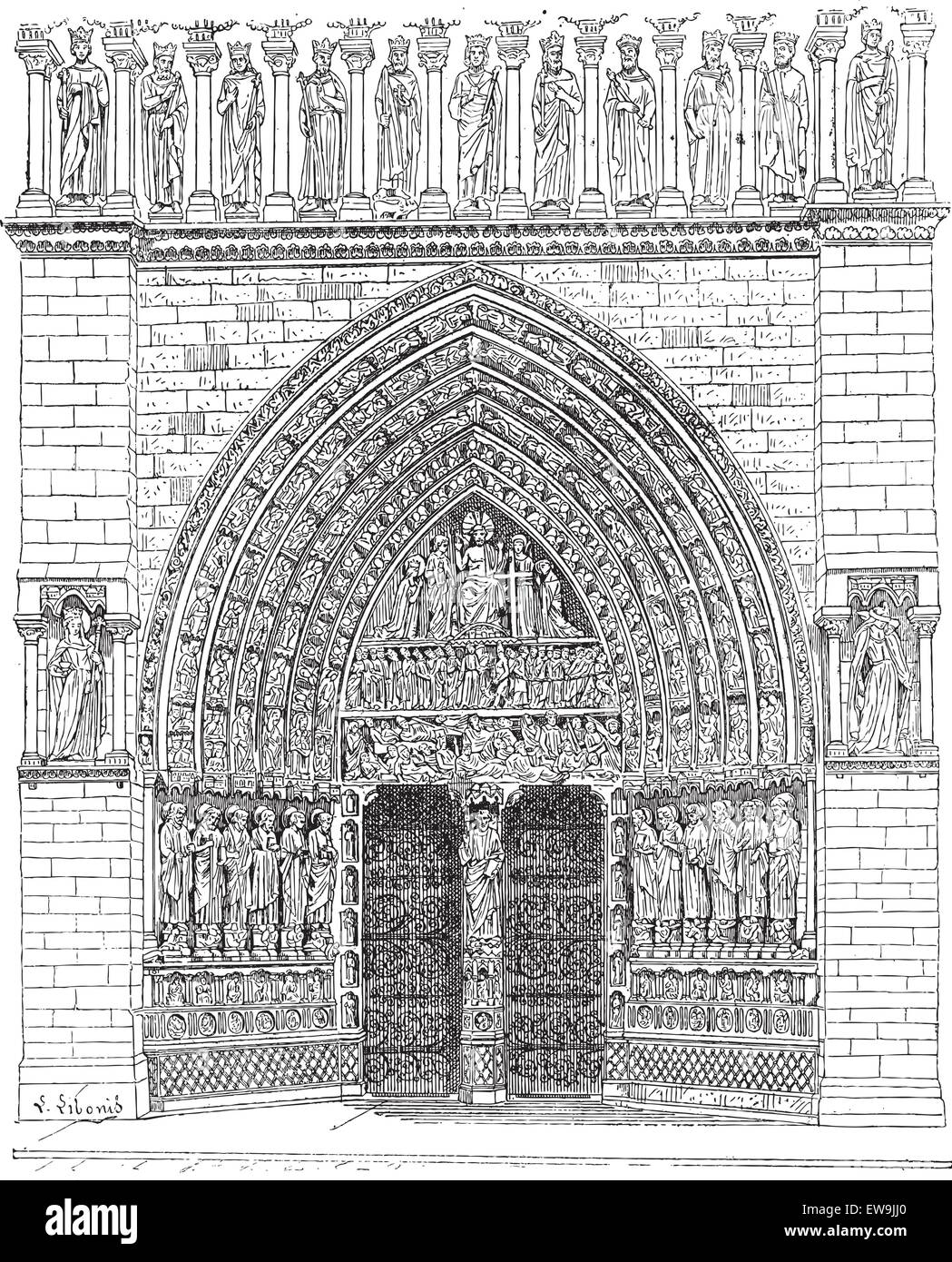 Porte, milieu de la face de Notre-Dame de Paris ou la Cathédrale Notre Dame, vintage engraved illustration. Dictionnaire de mots et Illustration de Vecteur