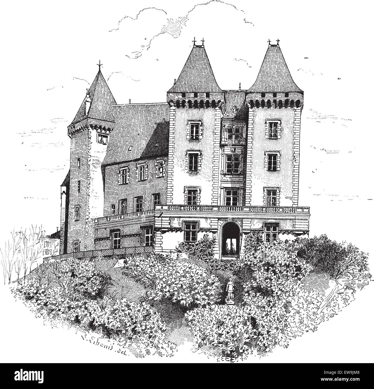 Vieille illustration gravée de château de Pau ou château de Pau. Dictionnaire des mots et des choses - Larive et Fleury ? 1895 Illustration de Vecteur