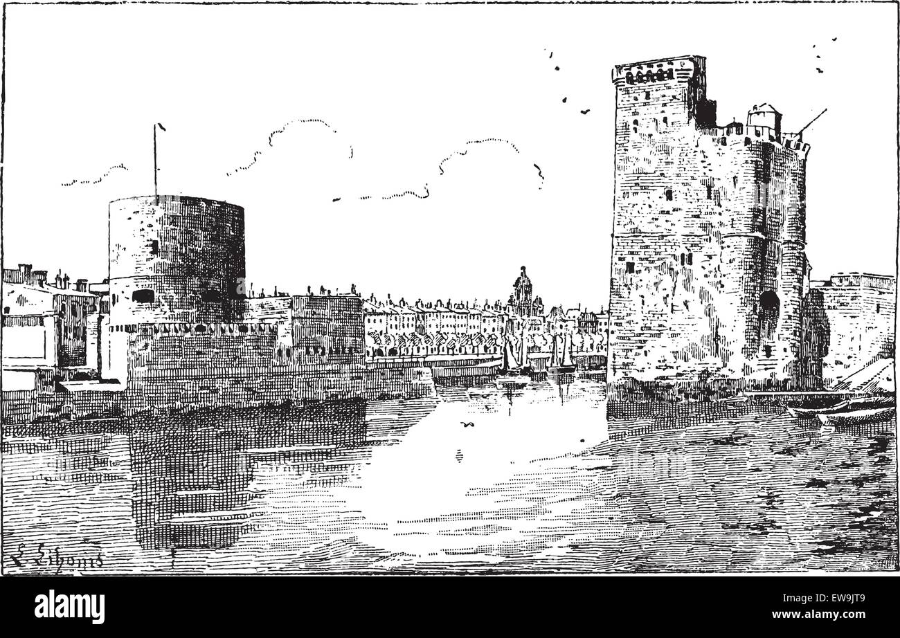 Port de La Rochelle, France, vintage engraved illustration. Dictionnaire des mots et des choses - Larive et Fleury - 1895. Illustration de Vecteur