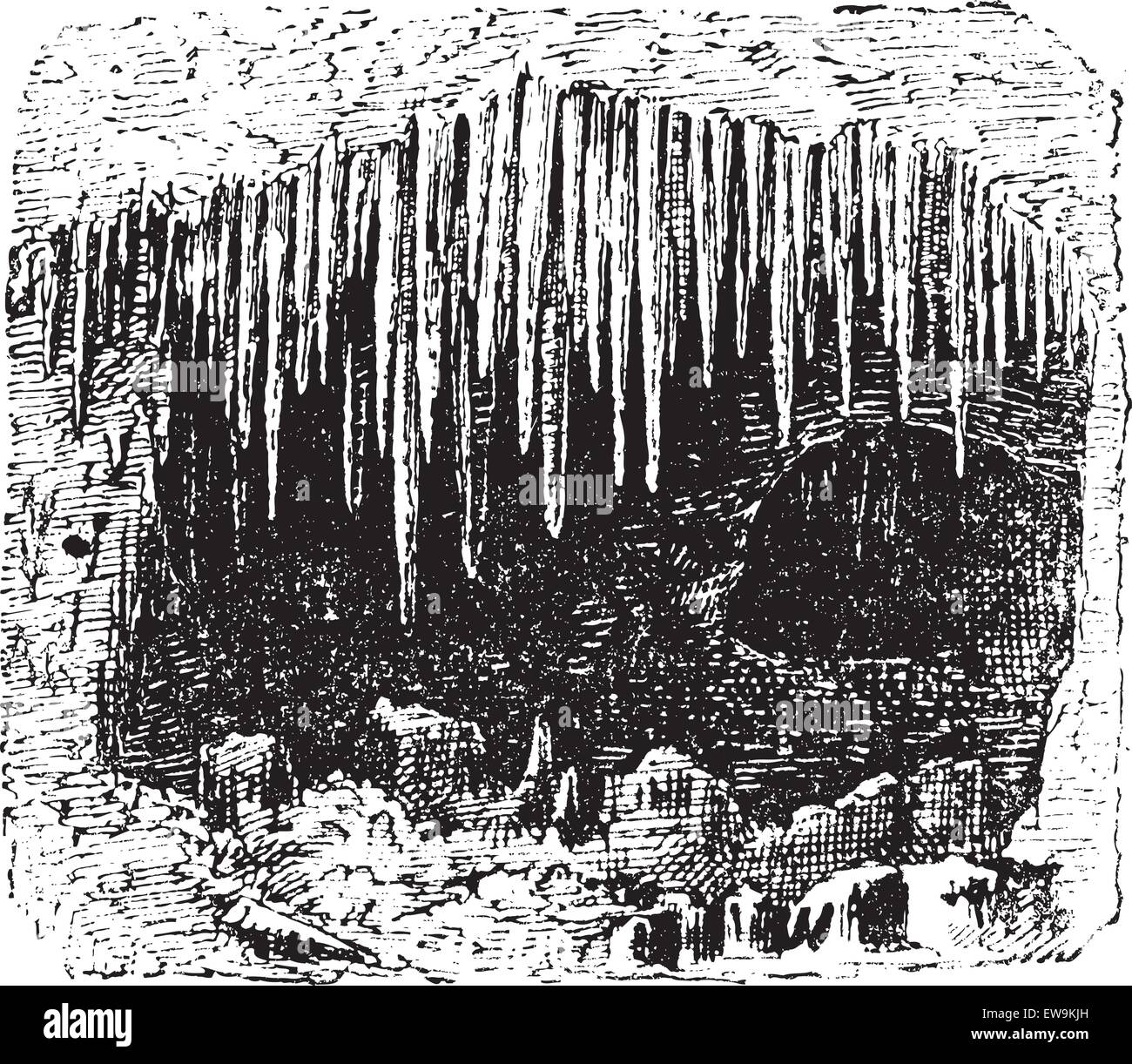 Dans la grotte de stalactites, vintage engraved illustration. Dictionnaire des mots et des choses - Larive et Fleury - 1895. Illustration de Vecteur