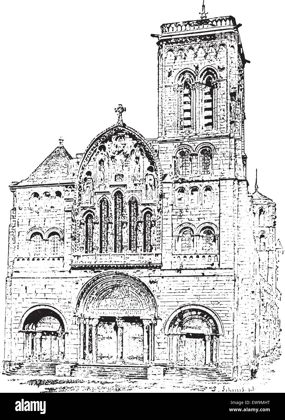 VÃ©zelay ou Abbaye Abbaye de la Madaleine ou Basilique Sainte-Marie-Madeleine, vintage engraved illustration. Dictionnaire de mots Illustration de Vecteur