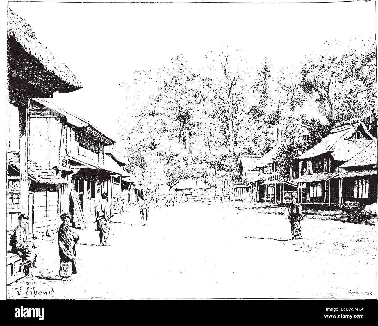 Une vue sur la rue de Yedo ou Yeddo ou Edo, Japon, vintage engraved illustration. Dictionnaire des mots et des choses - Larive et Fleury Illustration de Vecteur