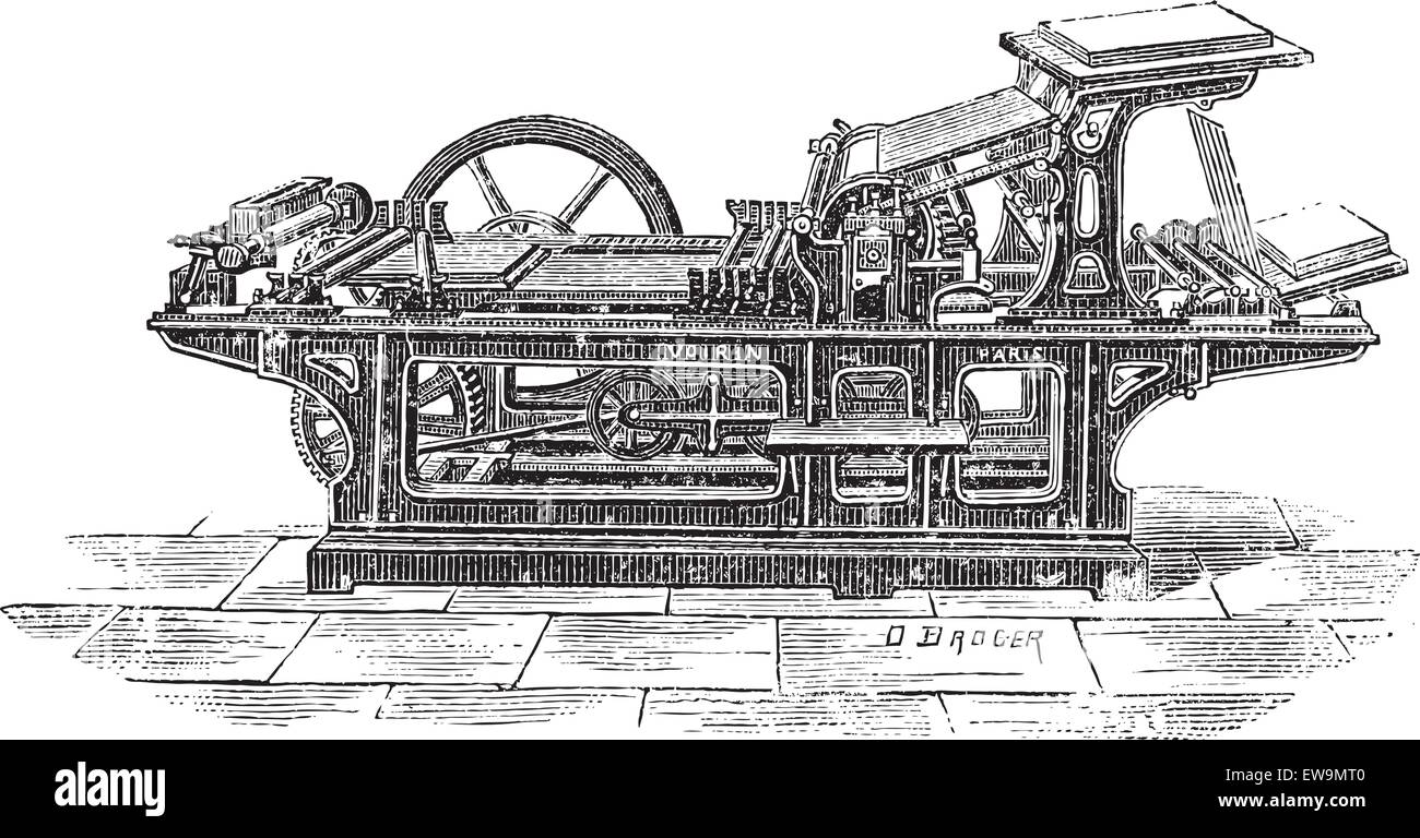 Vieille illustration gravée d'une presse à imprimer avec un cylindre, ce  communiqué peut imprimer des documents de 1000 avec un côté imprimé en une  heure Image Vectorielle Stock - Alamy