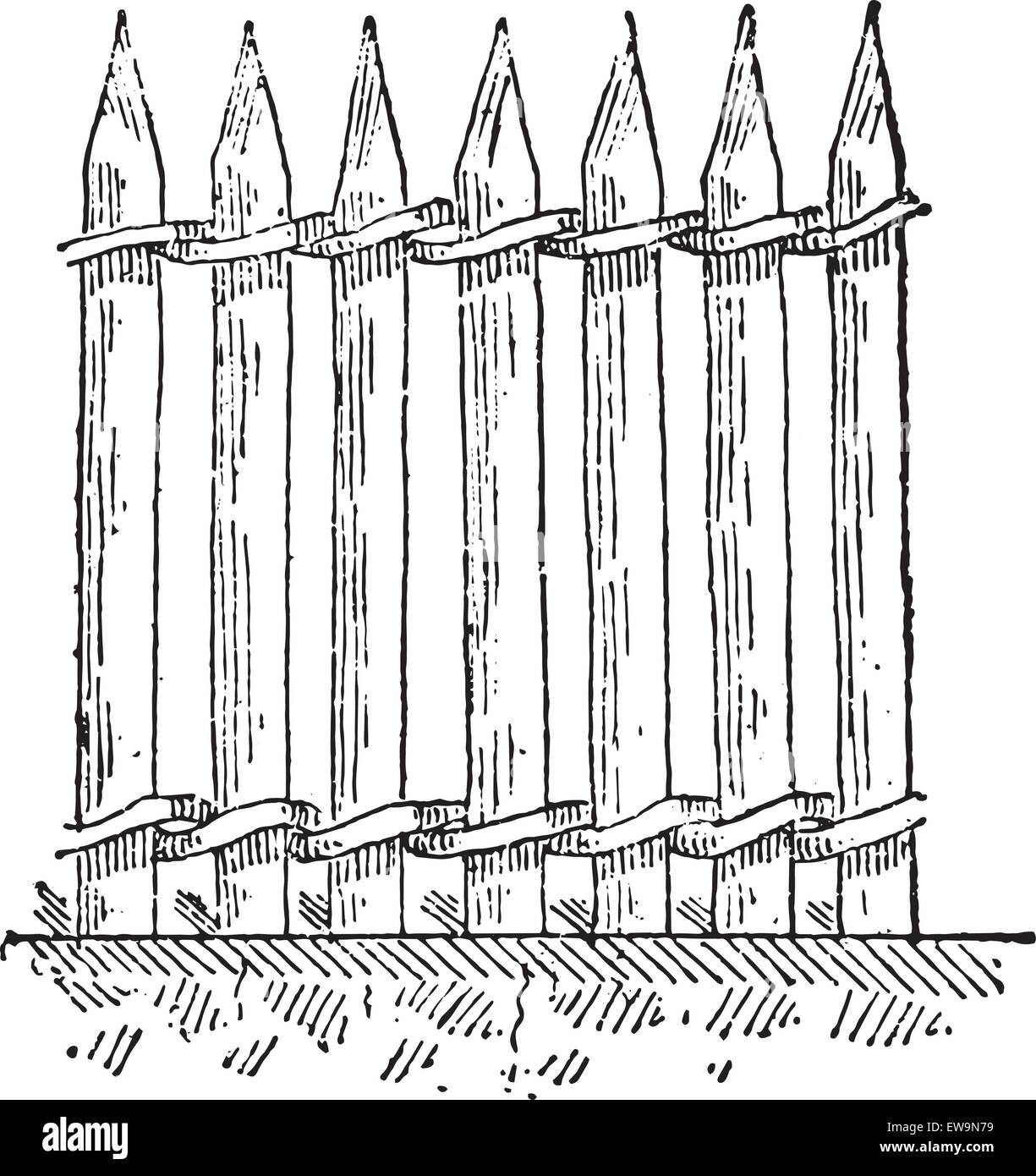 Stakewall ou palissade, vintage engraved illustration. Dictionnaire des mots et des choses - Larive et Fleury - 1895. Illustration de Vecteur