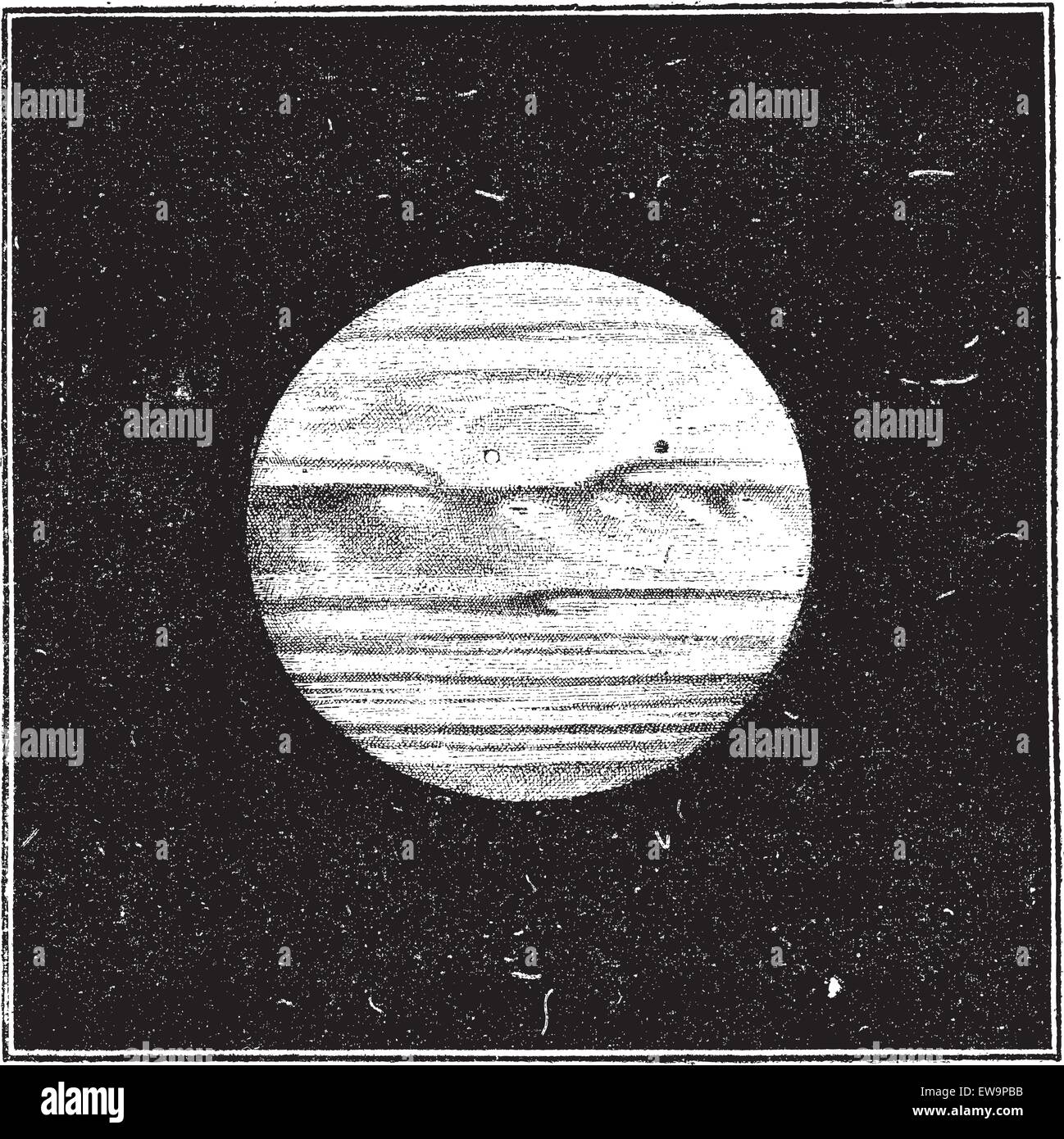 Aspect de Jupiter en décembre 1885 avec un passage par le disque, vintage engraved illustration. Dictionnaire de mots et thi Illustration de Vecteur