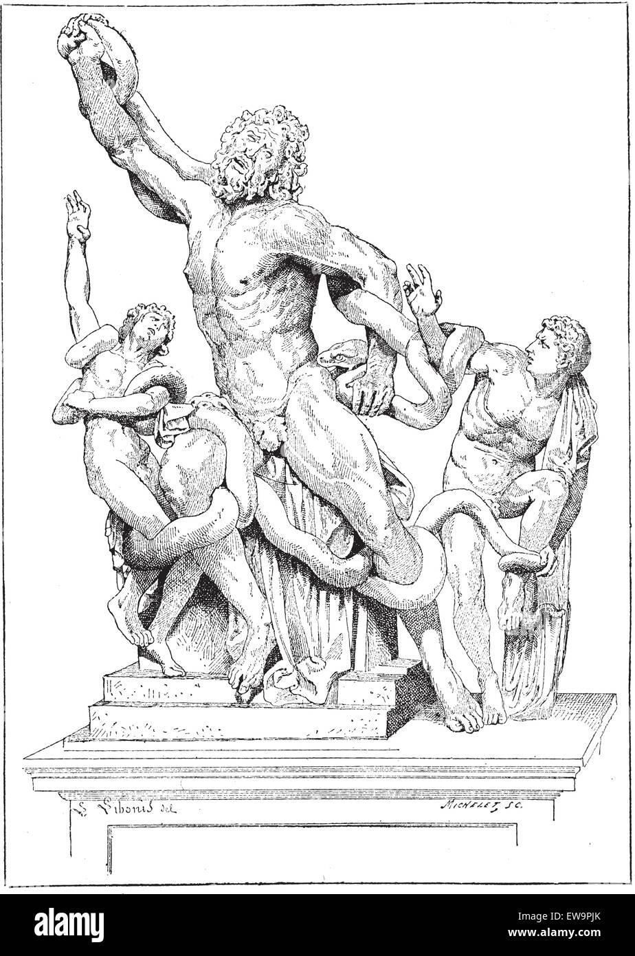 Laocoon et ses fils, vintage engraved illustration. Dictionnaire des mots et des choses - Larive et Fleury - 1895. Illustration de Vecteur
