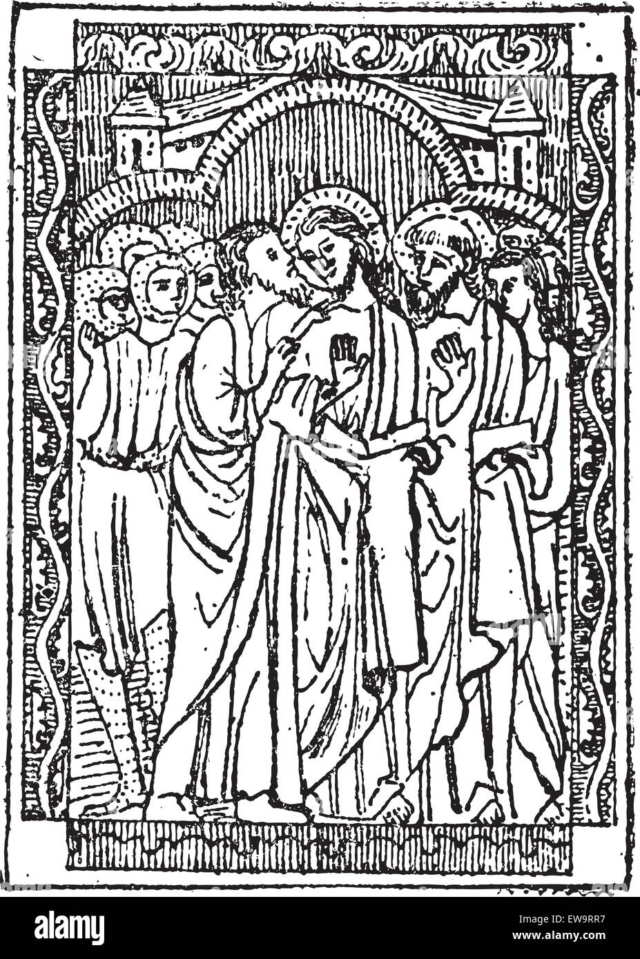 Miniature, sur un livre du baiser de Judas, vintage engraved illustration. Dictionnaire des mots et des choses - Larive et Fleury - 1 Illustration de Vecteur