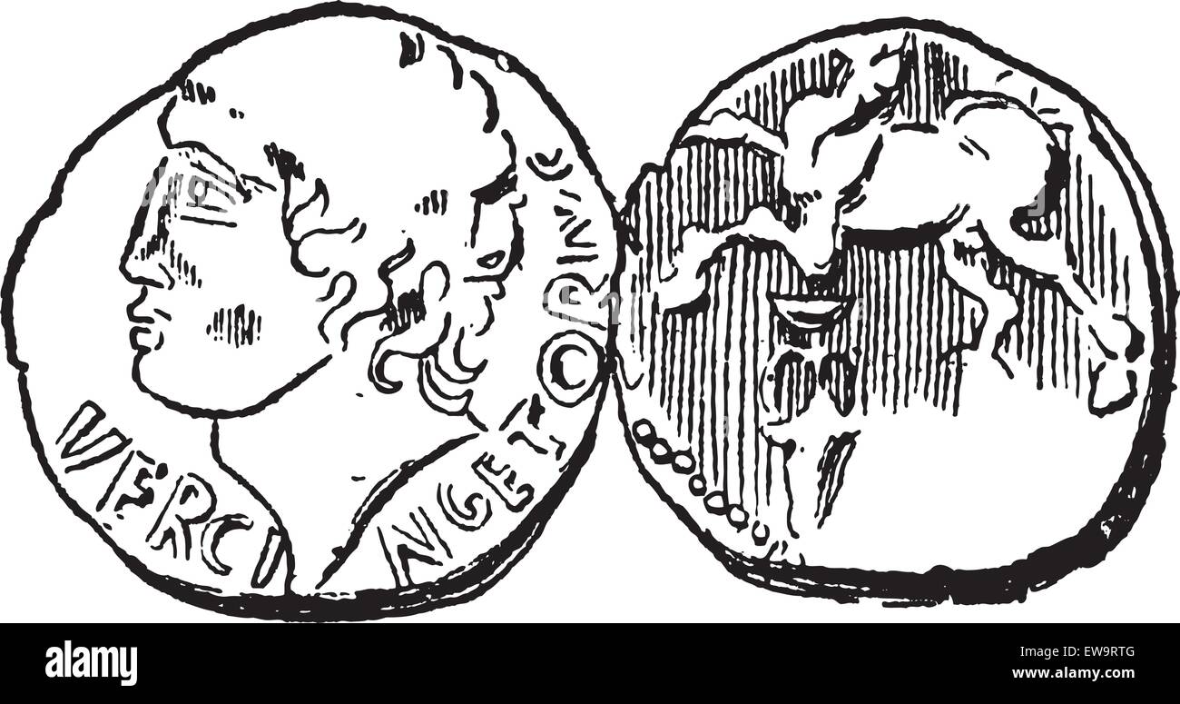 Pièce d'or celtiques anciennes, montrant la tête de roi Vercingétorix (avant) et le Cheval (retour), vintage engraved illustration. Dictionary Illustration de Vecteur
