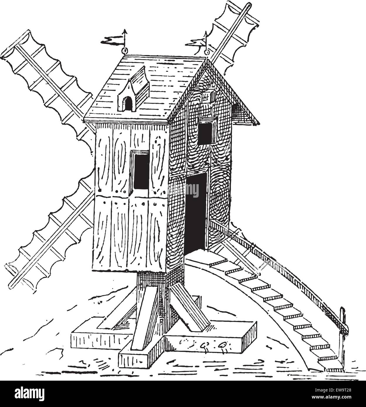 Moulin en bois, au cours du 16ème siècle, vintage engraved illustration. Dictionnaire des mots et des choses - Larive et Fleury - 1895 Illustration de Vecteur