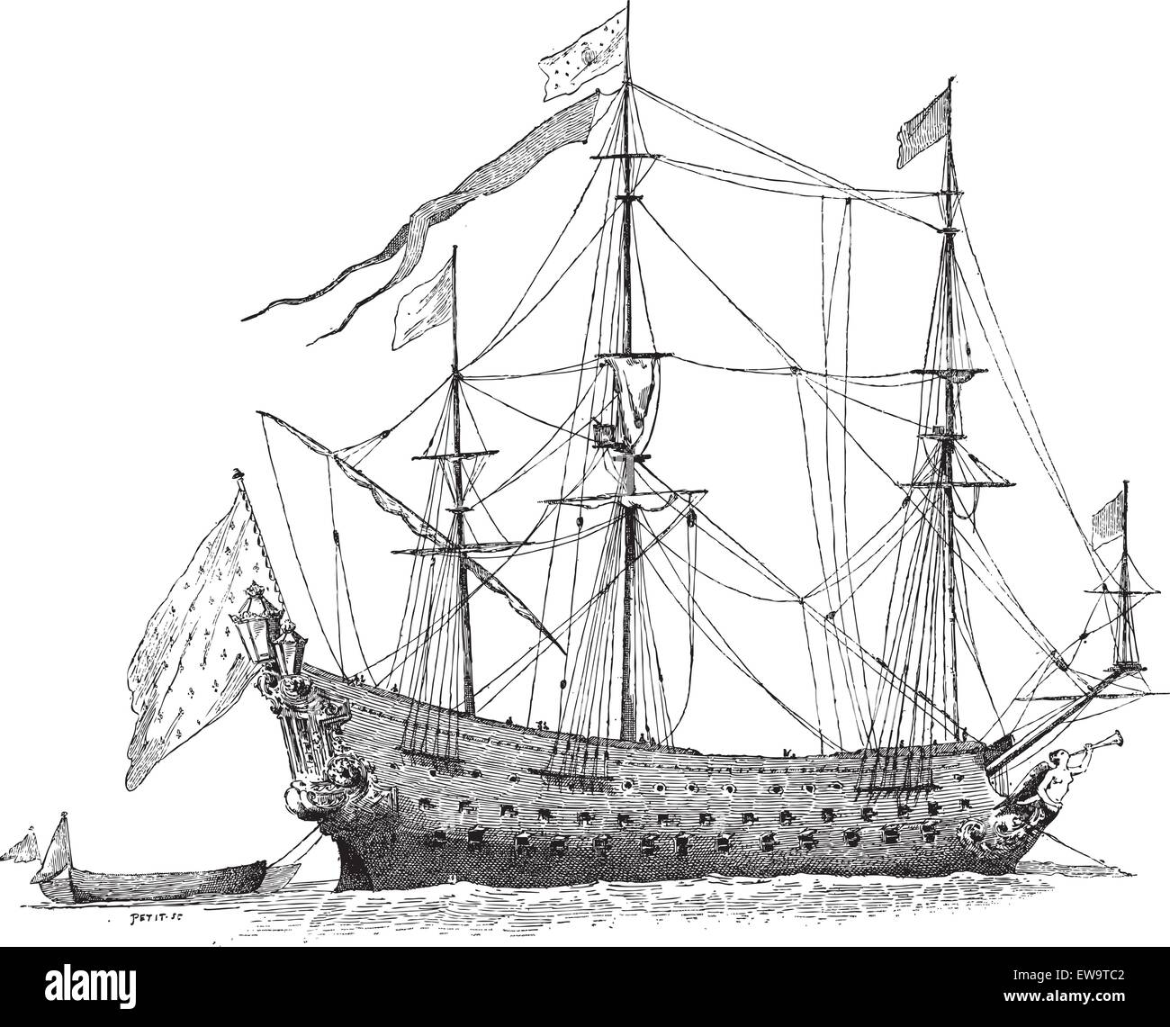 Le Soleil-Royal, navire français, pendant le 17ème siècle, vintage engraved illustration. Dictionnaire des mots et des choses - Larive un Illustration de Vecteur