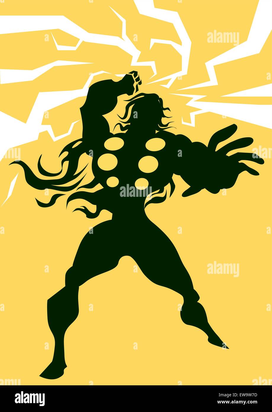 Thor, Noire Silhouette d'un homme, avec des éclairs, fond jaune, vector illustration Illustration de Vecteur
