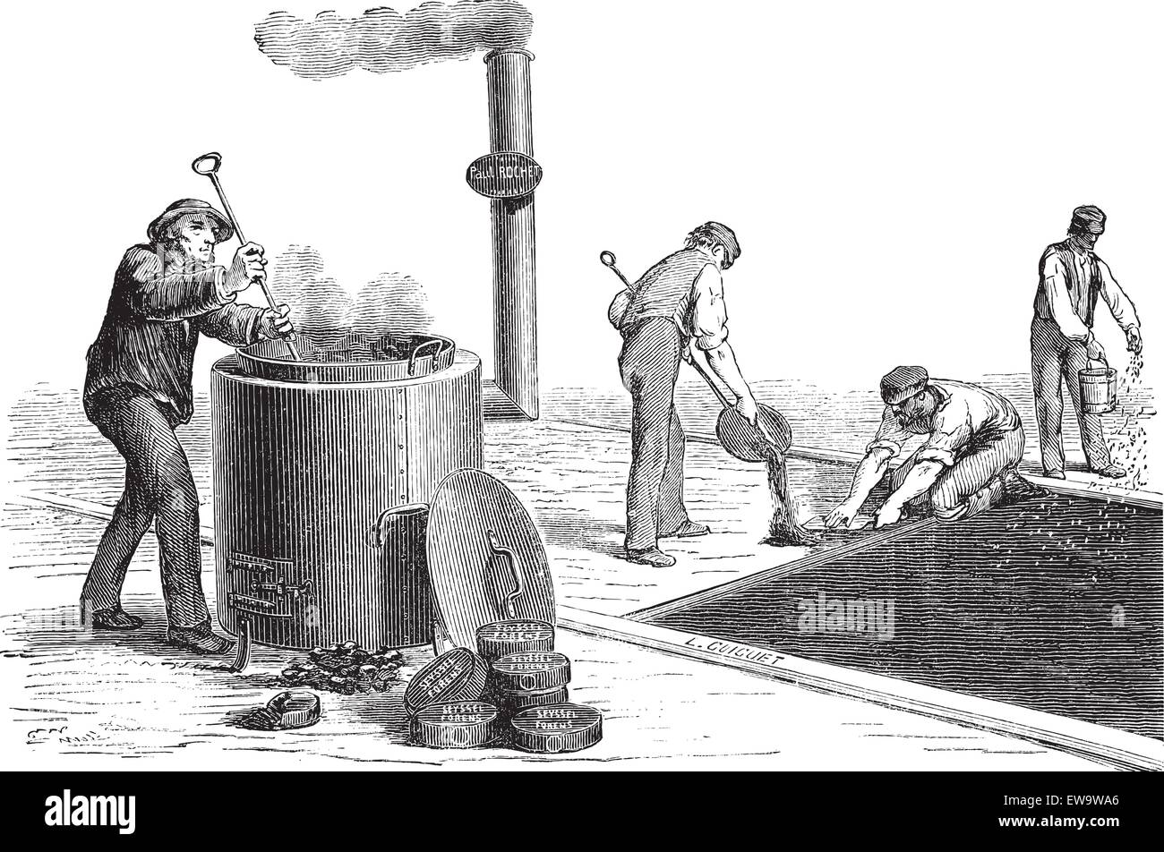 Vieille illustration gravée des travailleurs routiers faisant le trottoir. Encyclopédie industrielle E.-O. Lami - 1875. Illustration de Vecteur