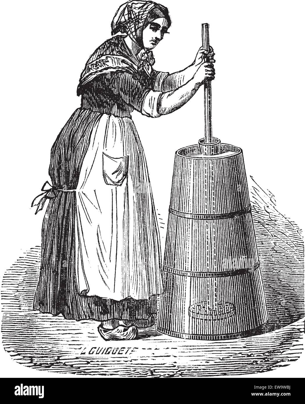 Vieille illustration gravée de femme barattage du beurre avec piston ordinaire. Encyclopédie industrielle E.-O. Lami - 1875. Illustration de Vecteur