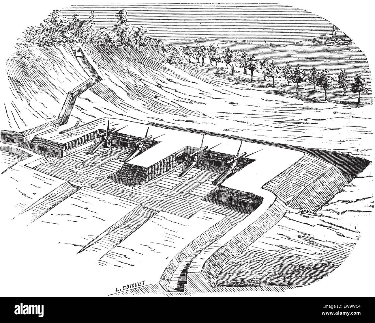 Vieille illustration gravée sur les batteries d'artillerie de terre-plein au cours de siège. Encyclopédie industrielle E.-O. Lami - 1875. Illustration de Vecteur