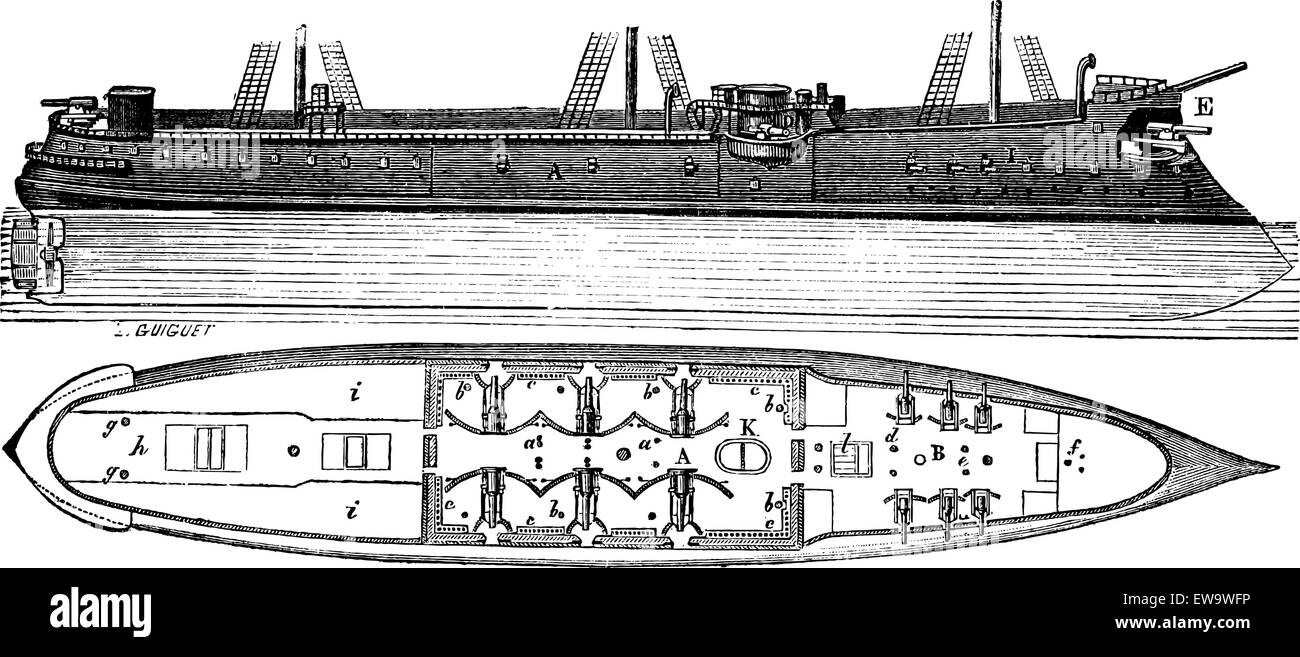 Colbert, un navire cuirassé français vintage, illustration gravée. Encyclopédie industrielle - E.O. Lami - 1875 Illustration de Vecteur