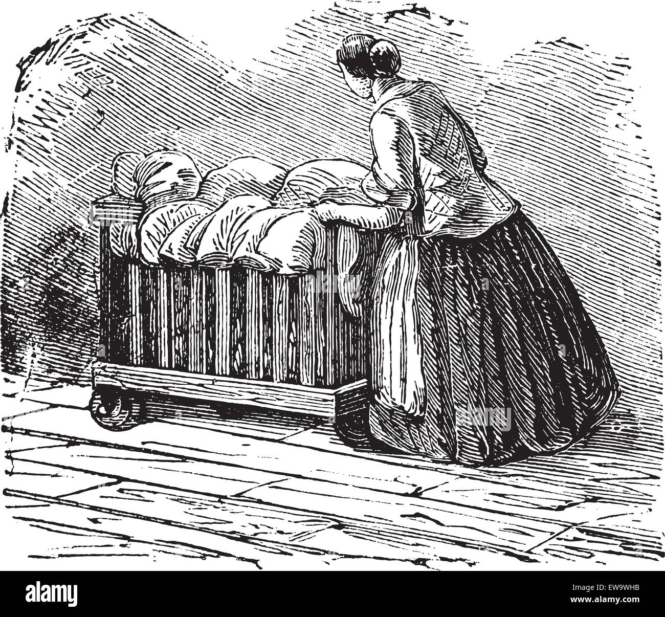 Vieille illustration gravée de femme transportant des vêtements, le tricycle. Encyclopédie industrielle E.-O. Lami - 1875 Illustration de Vecteur