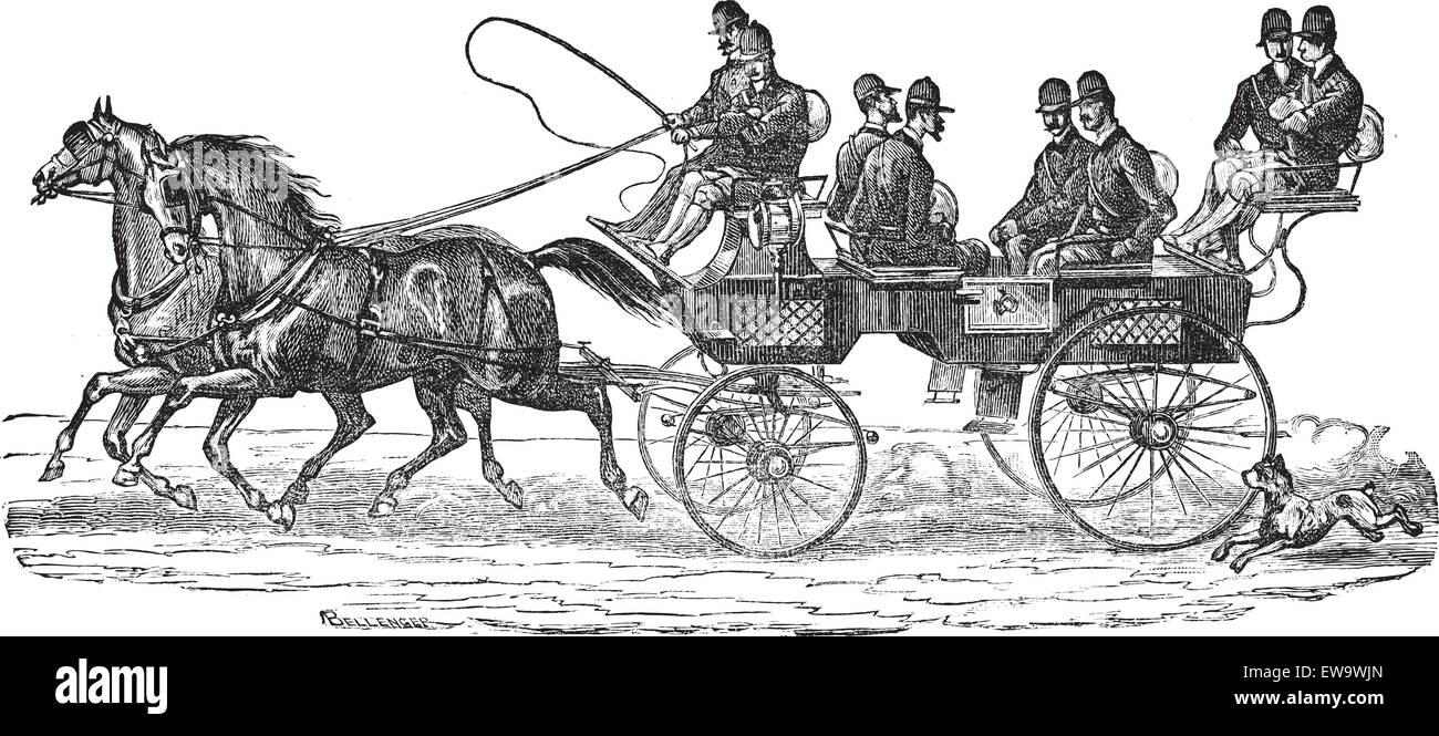 Vieille illustration gravée de frein de tir sur les chevaux avec six personnes assis sur le chariot. Encyclopédie industrielle E.-O. Lami - Illustration de Vecteur