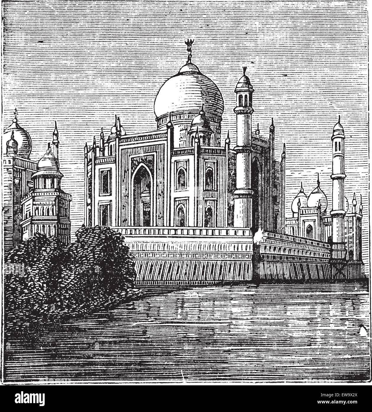 L'Inde, Taj-Mahal. Vieille illustration gravée du fameux Taj-Mahal. Gravure de la fin de 1800. Illustration de Vecteur