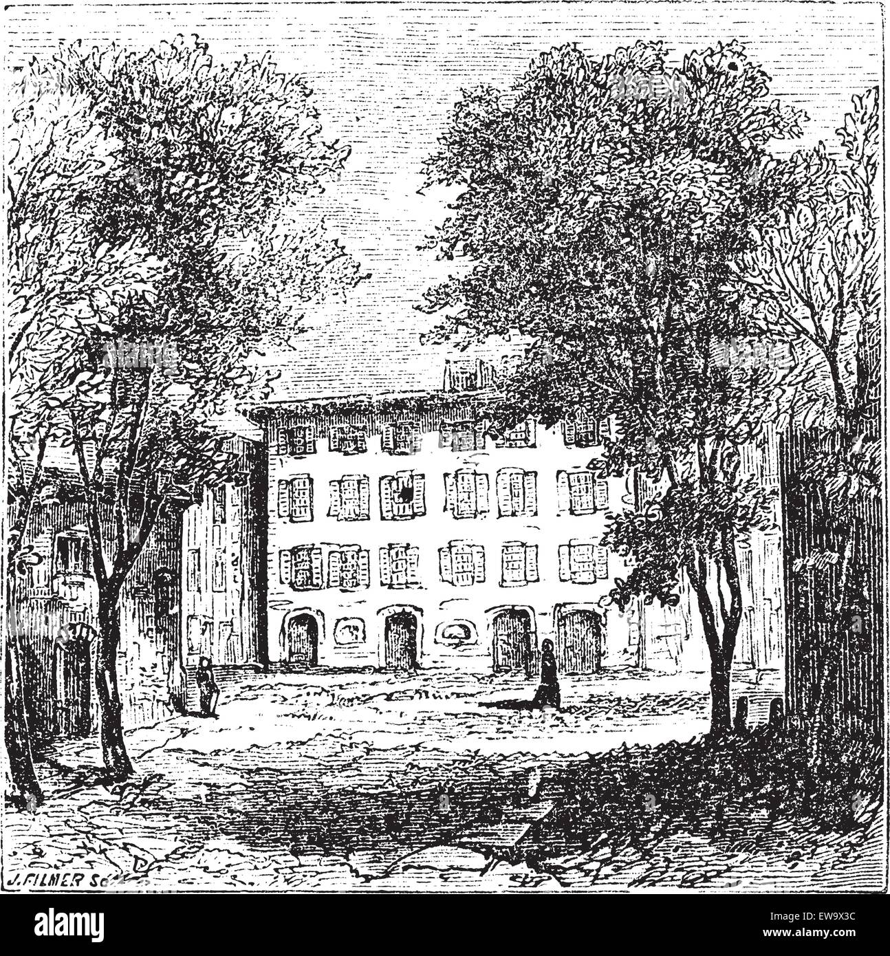 Ville d'Ajaccio, et l'île de Corse en France. La maison où Napoléon est né. Old vintage engraved illustration. Illustration de Vecteur
