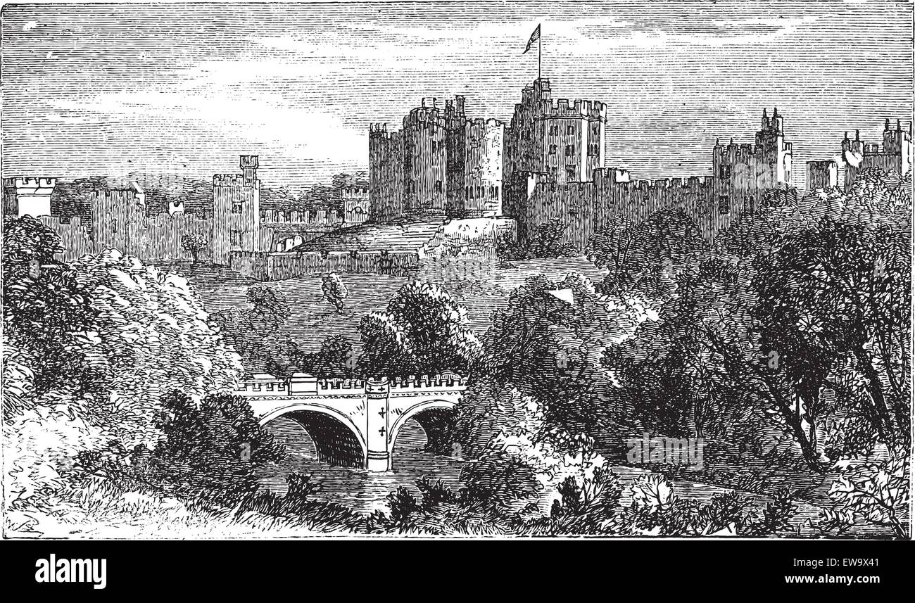 Château d'Alnwick, Alnwick, dans le comté de Northumberland. 1890 vintage engraved illustration. La gravure, vecteur de l'emplacement des divers fil Illustration de Vecteur
