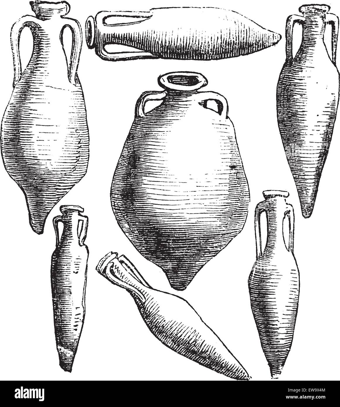 Amphore grecque et romaine vintage vases la gravure.. Vieille illustration gravée d'amphores, dans le vector, isolé contre un bac blanc Illustration de Vecteur
