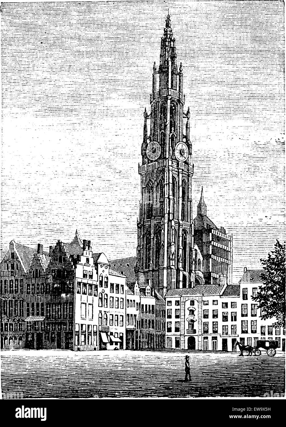 Cathédrale de Notre Dame, à Anvers, Belgique, gravure d'époque. Vieille illustration gravée de l'un des site du patrimoine mondial, le Illustration de Vecteur