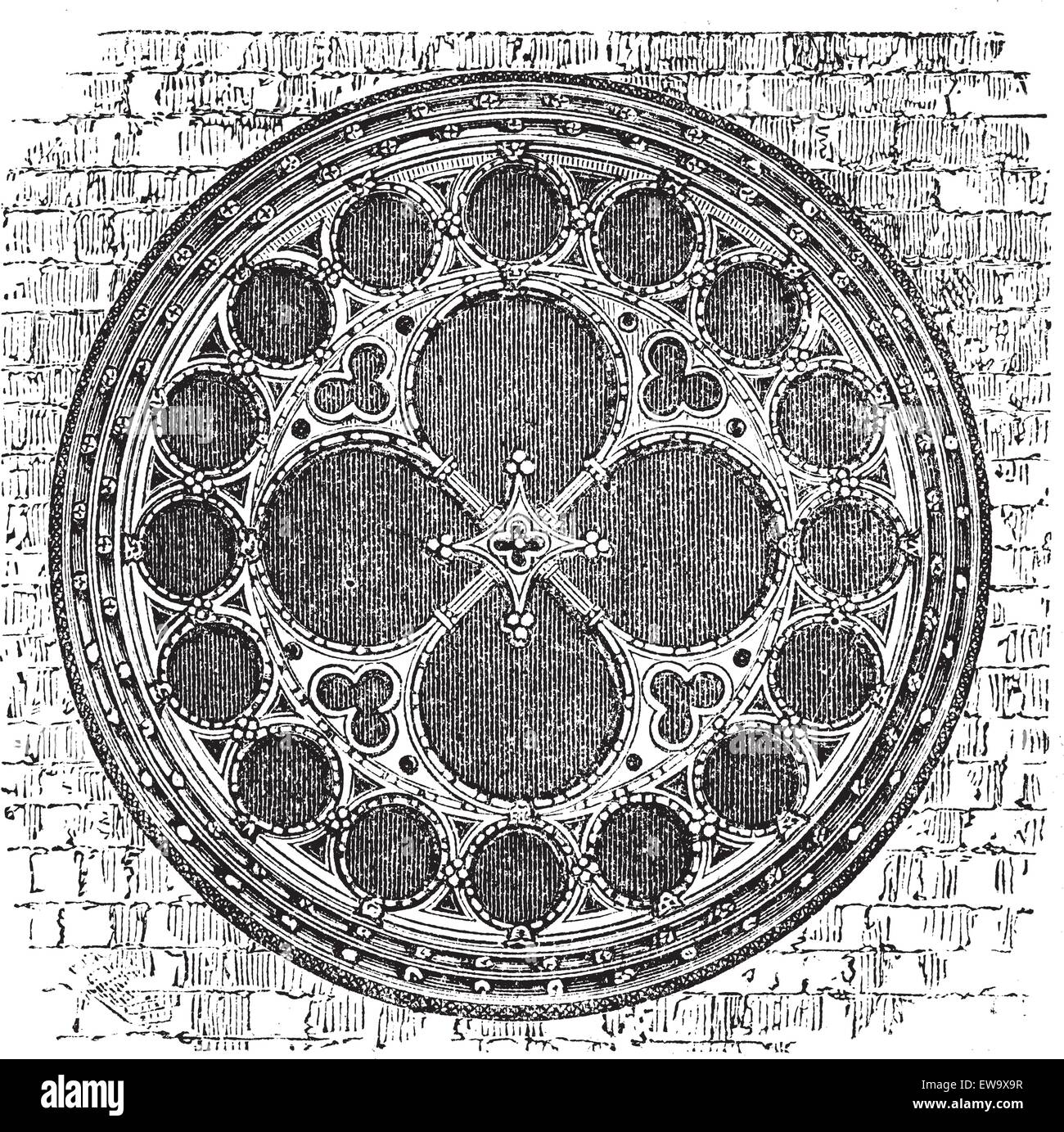 Dean's eye rosace dans le transept nord de la cathédrale de Lincoln, en Angleterre. Gravure ancienne. Ancienne gravée de Dean's eye rose windo Illustration de Vecteur