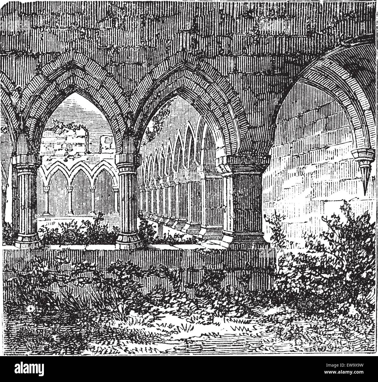 Cloître gothique et arch à Kilconnel Abbey, dans le comté de Galway, Irlande. Gravure ancienne. Vieille illustration gravée du gothique cloi Illustration de Vecteur