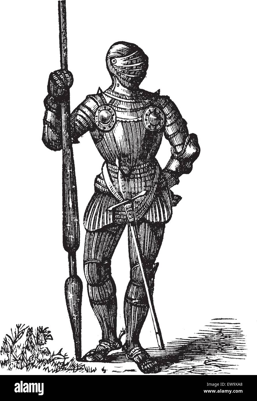 Armure de Henri VII, roi d'Angleterre, gravure ancienne. Vecteur, illustration gravée du roi Henry VII blindé, avec sa lance Illustration de Vecteur