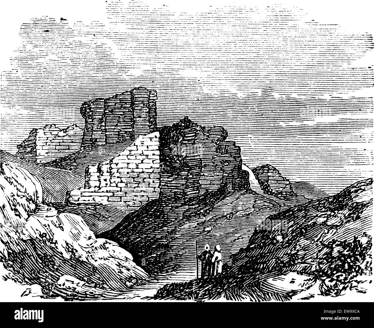 Ruines du palais principal en Babylonie dans Babil, l'Iraq, au cours des années 1890, vintage la gravure. Vieille illustration gravée de la Ruine Illustration de Vecteur