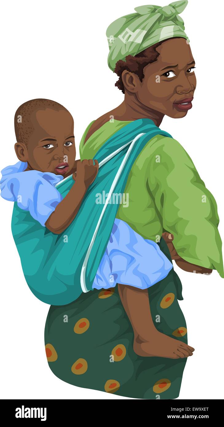 Vector illustration of African woman giving piggyback ride en fils. Illustration de Vecteur