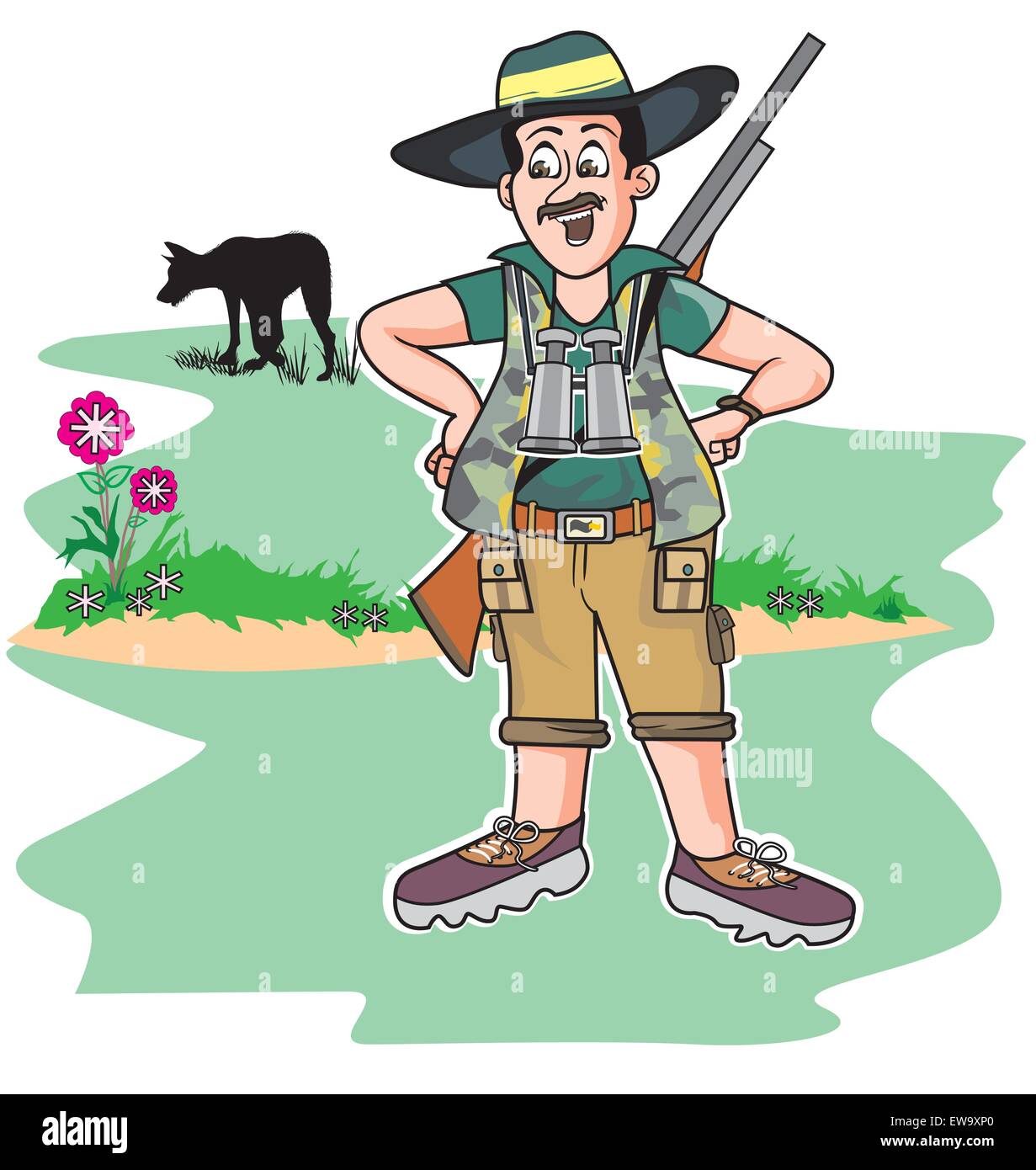 Chasseur de Safari, debout avec une arme à feu et un loup dans l'arrière-plan, vector illustration Illustration de Vecteur