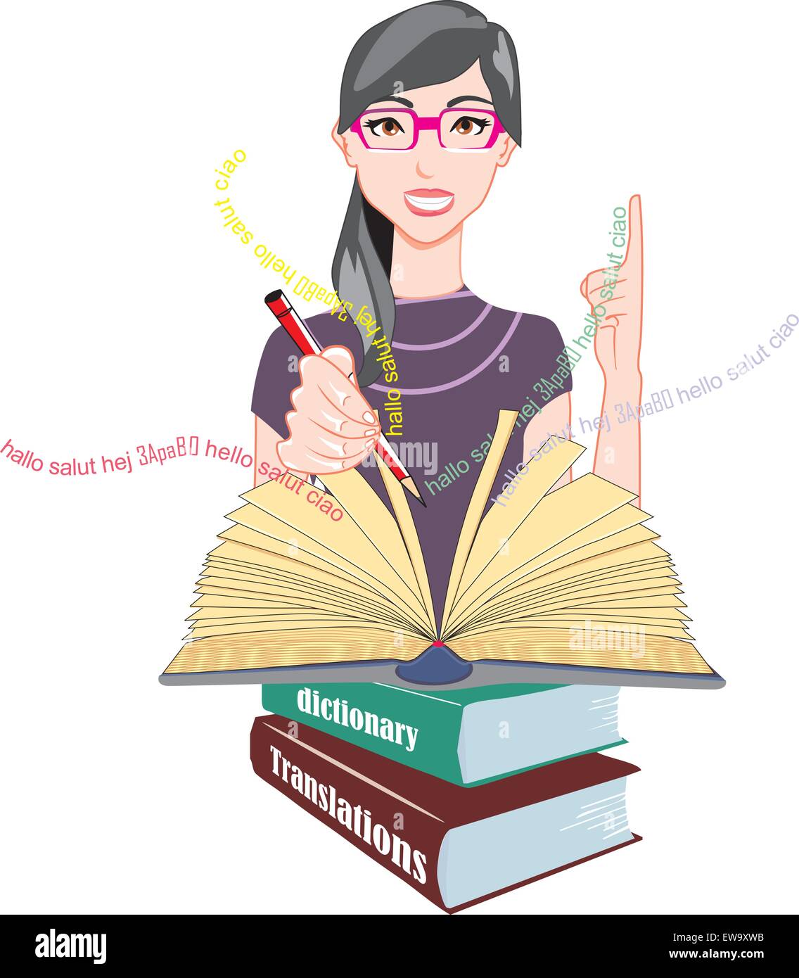 Le sens des mots et les traductions, jeune fille avec des lunettes avec des ouvrages de référence, la tenue d'un crayon rouge, vector illustration Illustration de Vecteur