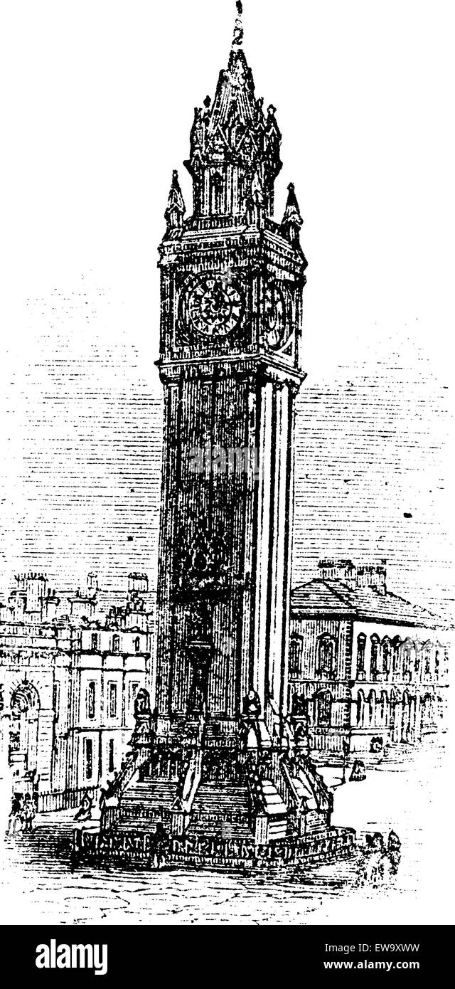 Albert Memorial Clock, à Belfast, en Irlande, au cours des années 1890, vintage la gravure. Vieille illustration gravée de l'Albert Memoria Illustration de Vecteur