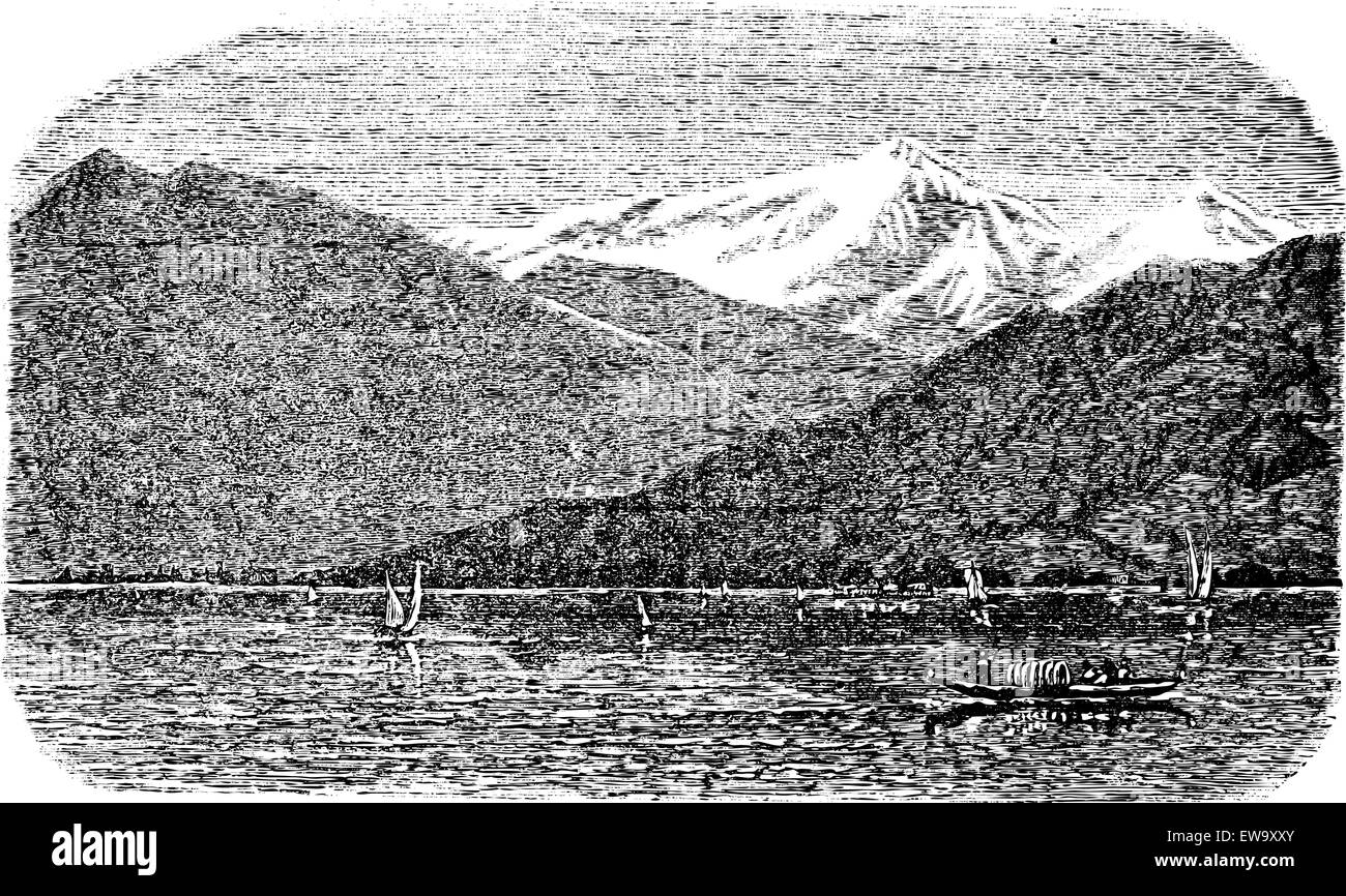 Mont blanc, montagne, Lac Léman, Suisse et France, ancienne illustration gravée du Mont blanc, montagne, Lac Léman, Suisse et France, 1890. Illustration de Vecteur