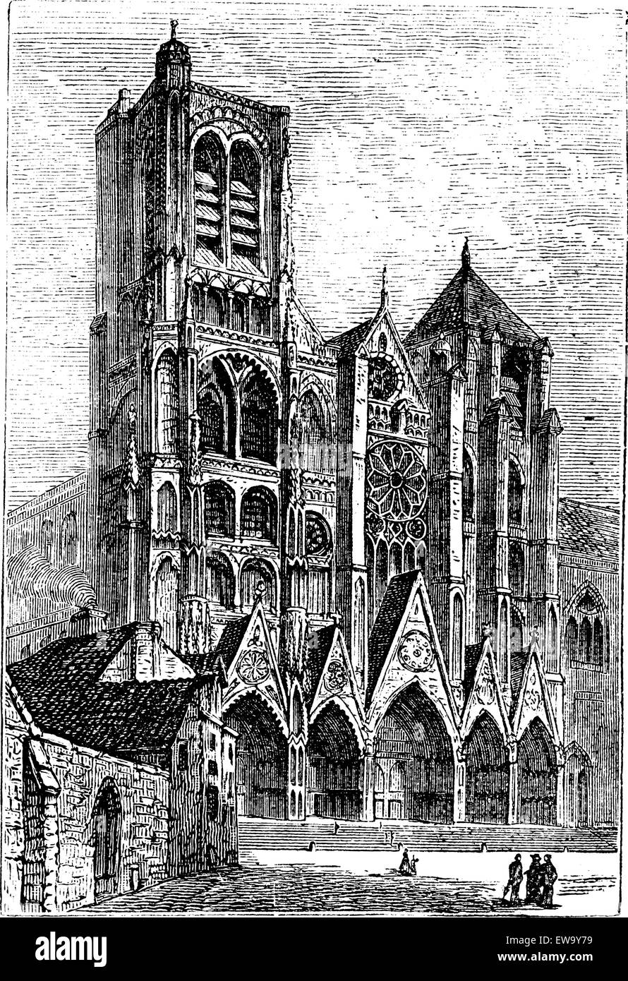 La Cathédrale de Bourges, à Bourges, France vintage la gravure. Vieille illustration gravée de la cathédrale de Bourges avant, pendant la Illustration de Vecteur