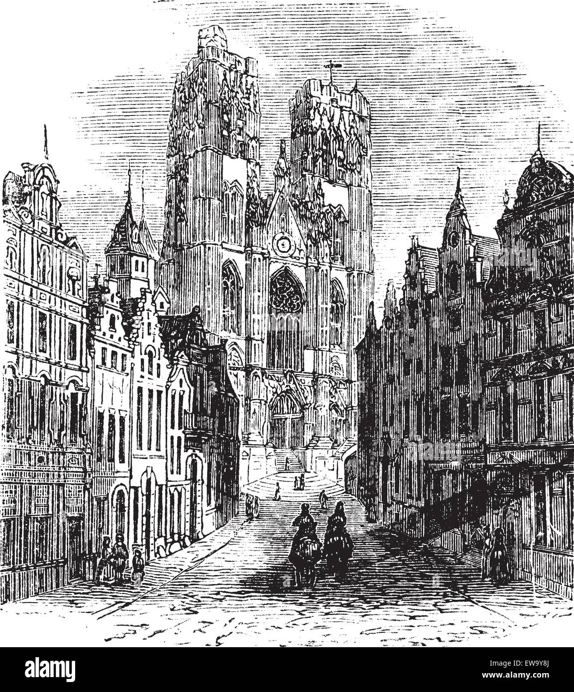 L'église de Saint-Gudula Bruxelles, Belgique. Gravure d'époque. Gravée ancienne illustration d'une église catholique à l'Tre Illustration de Vecteur