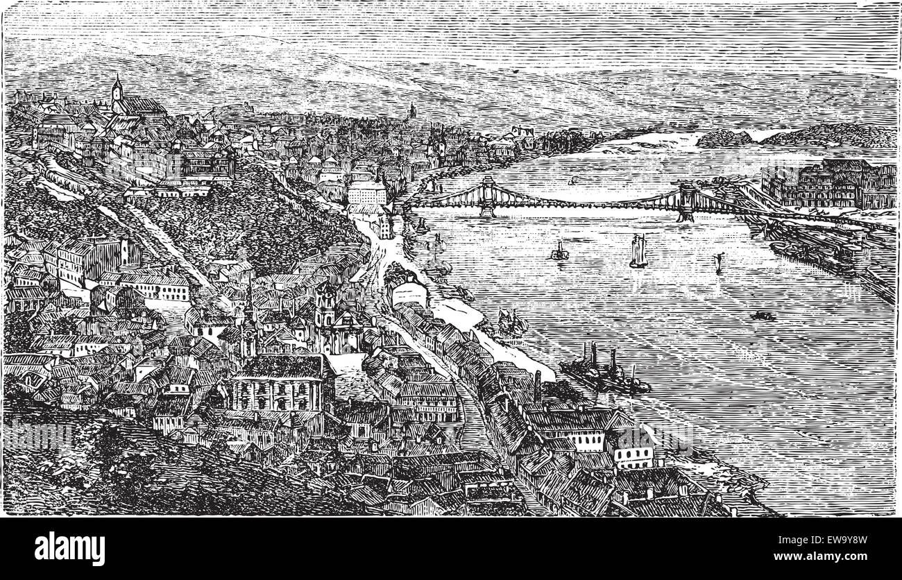 Chain Bridge, pont suspendu, Budapest, Hongrie, ancienne gravée illustration de Pont des Chaînes, Budapest, Hongrie, 1890. Illustration de Vecteur