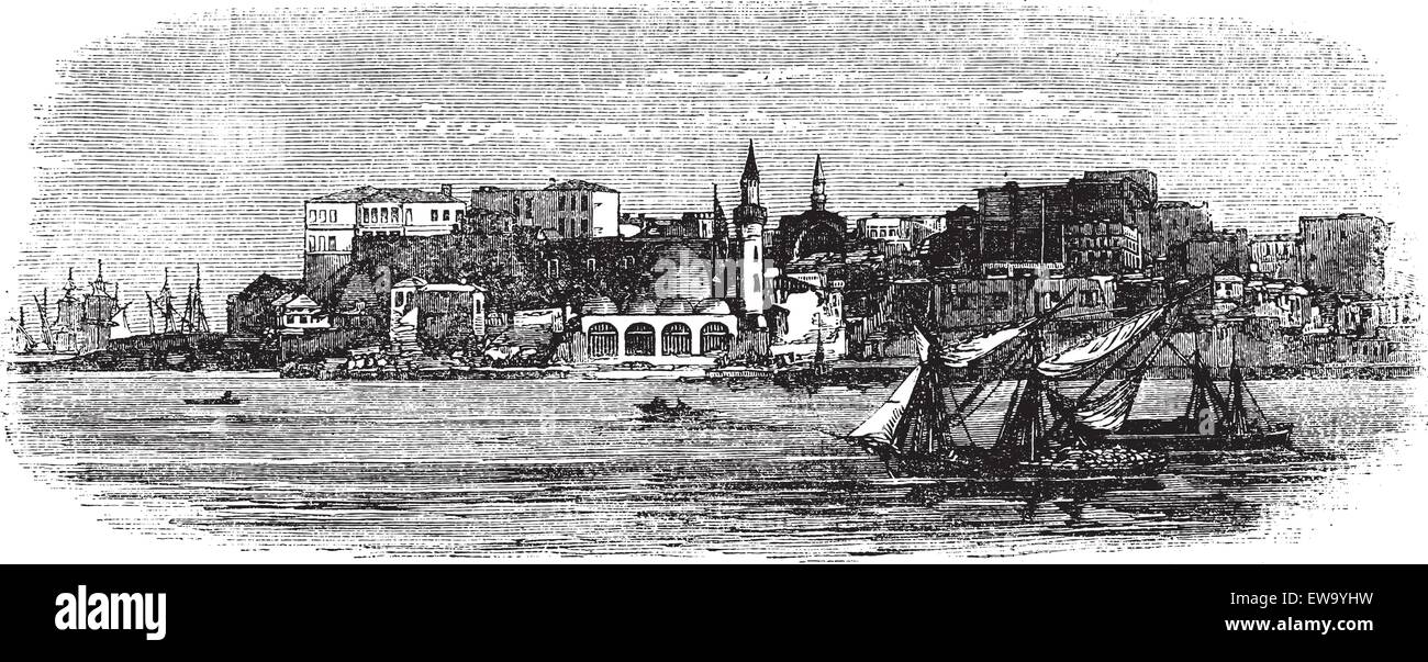 Vieux port de La Canée, Crète, Grèce vintage la gravure. Vieille illustration gravée de navires avec des bâtiments en arrière-plan Illustration de Vecteur
