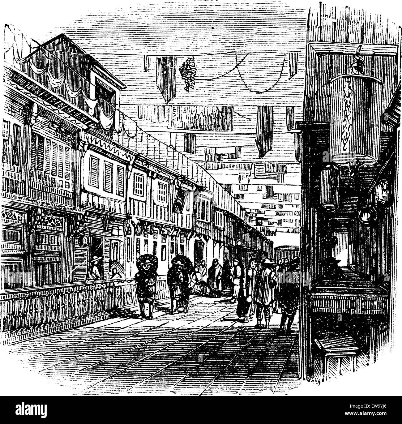 Kouang-tchou-fou, la Chine, la nouvelle scène de rue vintage gravure, 1890. Vieille illustration d'gravé nouvelle scène de rue. Illustration de Vecteur