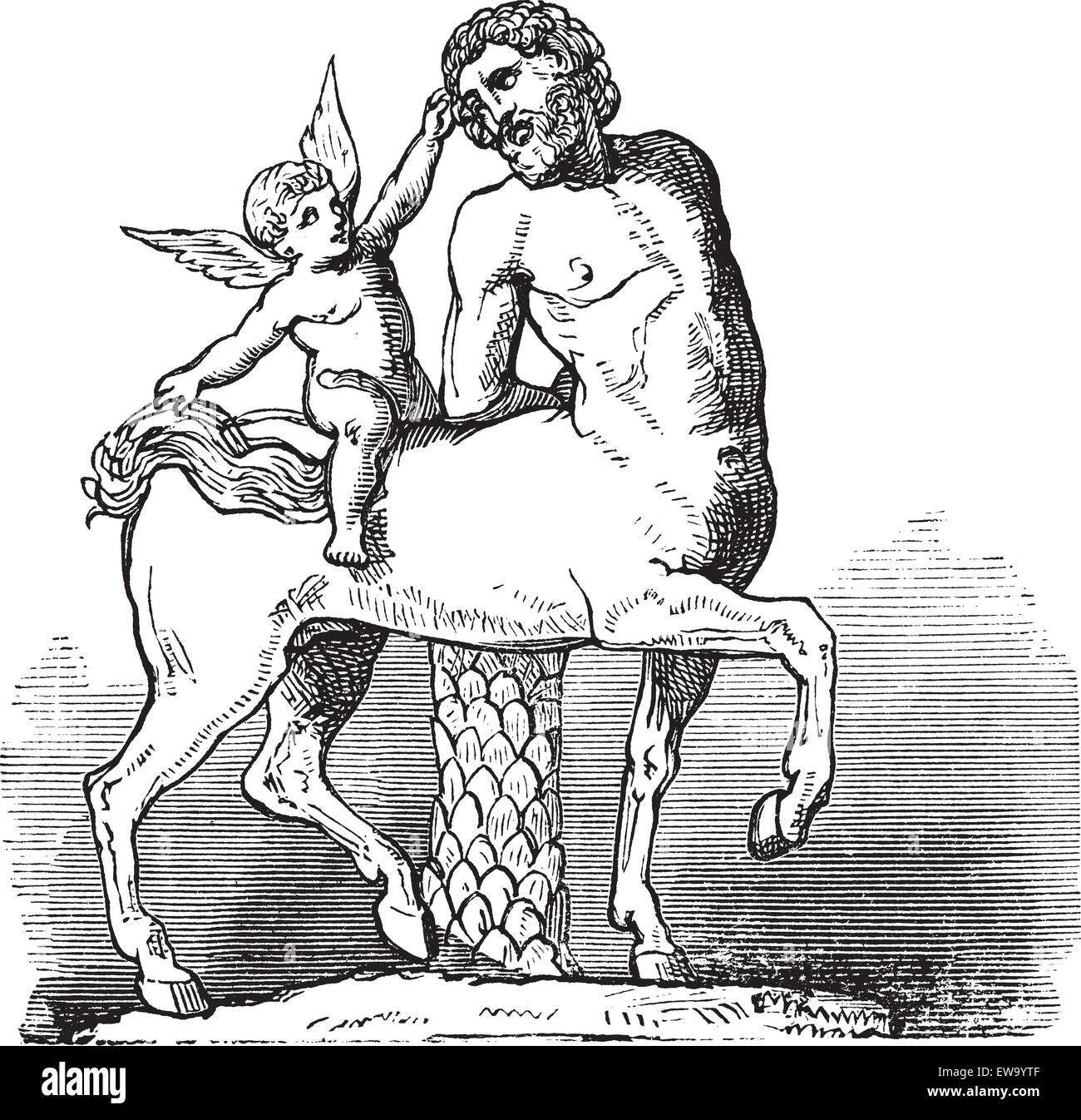 Centaure Chiron et de Cupidon statue ou Furietti Centaures et de cupidon vintage la gravure. Vieille illustration gravée d'un centaure Chiron Illustration de Vecteur